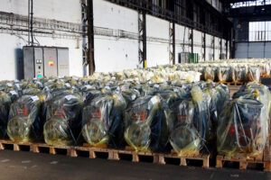 Engines in warehouse storage wrapped in ZERUST Ferrous VCI film