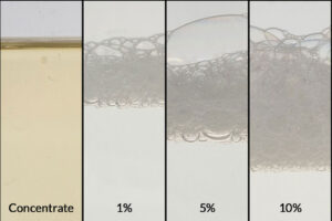 ZERUST AxxaWash NW-10C chemistry product concentrate and diluted solutions at 1%, 5%, and 10% for effective water-based preservation cleaning.