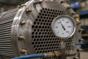 Pressure gauge monitoring heat exchanger during pressure testing