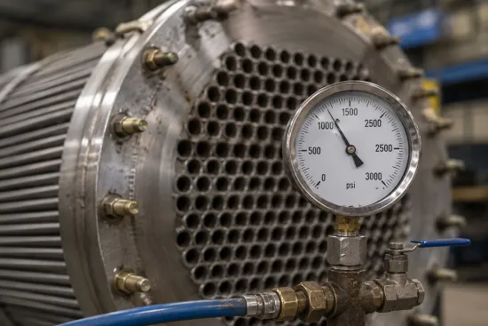 Pressure gauge monitoring heat exchanger during pressure testing
