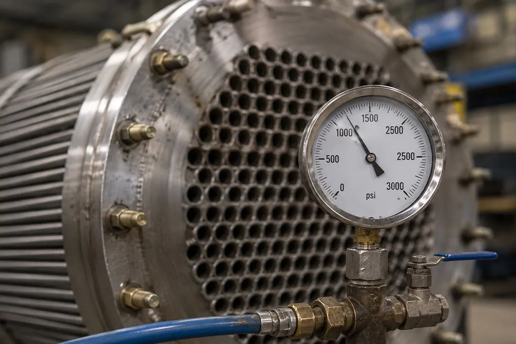 Pressure gauge monitoring heat exchanger during pressure testing