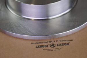 Close-up of Brake Rotor on ZERUST ICT430-35SR VCI Scrim Paper showing multimetal VCI protection.