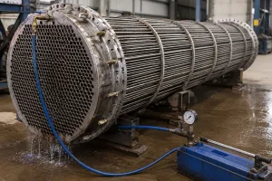 Heat exchanger undergoing hydrostatic testing with hydrostatic corrosion protection using ZERUST solutions