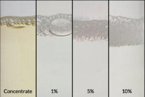 ZERUST AxxaWash KF-124 chemistry concentrate alongside 1%, 5%, and 10% dilutions in clear containers, demonstrating its versatility as a water-based degreaser.