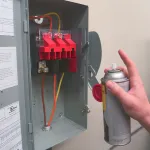 ZERUST Axxanol 718-ESS electrical corrosion inhibitor spray applied on an electrical panel, showcasing its protective, non-staining film against corrosive environments.
