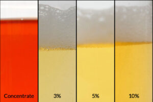 ZERUST Axxatec DA-40AL concentrate alongside 3%, 5%, and 10% diluted solutions in clear containers, demonstrating the product's versatility as an aluminum rust preventative and cleaner.