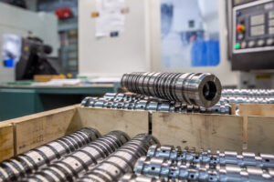 CNC-machined steel part coated with aluminum rust preventative and cleaner.