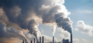 Smoke stack emitting a cloud of smoke against a clear sky, symbolizing CO₂ emissions, contrasted with NTIC/ZERUST’s dedication to renewable energy for sustainable VCI solutions.