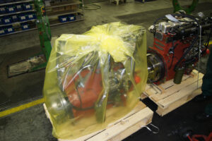 Motor secured and wrapped in ZERUST ICT510-PCR30 VCI Film for corrosion protection.