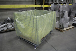 Gusset bag made from ZERUST ICT510-PCR30 VCI Film lining a crate for enhanced corrosion protection.