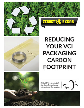 Cover of ZERUST/EXCOR's brochure titled "Reducing your VCI Packaging Carbon Footprint," featuring imagery that reflects sustainable VCI technology and environmental stewardship.