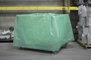 ZERUST Multimetal Green Gusset VCI Bag lines a steel crate.
