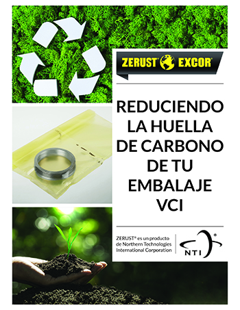 Portada del folleto de ZERUST/EXCOR titulado "Reduciendo la Huella de Carbono de tu Embalaje VCI", presentando imágenes que reflejan la tecnología VCI sostenible y la responsabilidad ambiental.