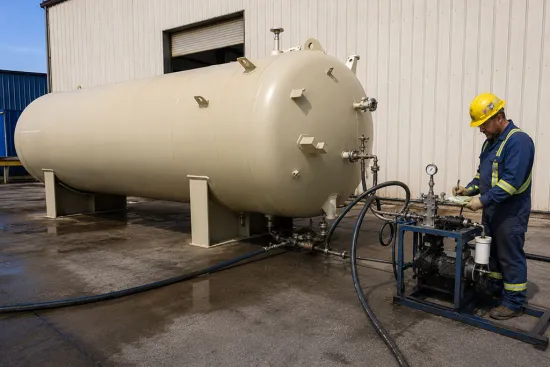 Pressure vessel undergoing hydrostatic testing with hydrotesting fluid additive