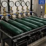 Gas cylinders undergoing hydrostatic testing with hydrotesting fluid additive