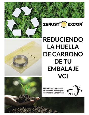 Portada del folleto de ZERUST/EXCOR titulado "Reduciendo la Huella de Carbono de tu Embalaje VCI", presentando imágenes que reflejan la tecnología VCI sostenible y la responsabilidad ambiental.