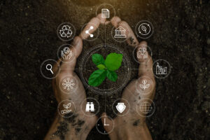 Hand holding compost with sustainability and eco-friendly icons