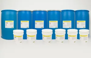 Lineup of ZERUST AxxaWash hard water parts cleaners in drums and pails