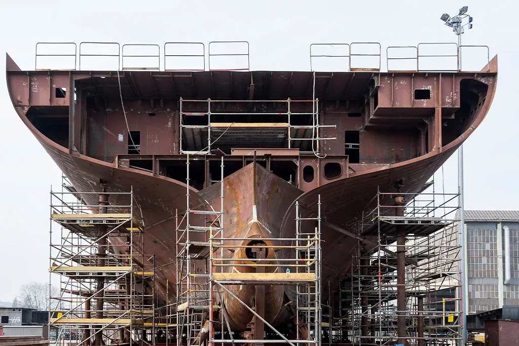 Partially built ship showing structural voids treated with corrosion protection