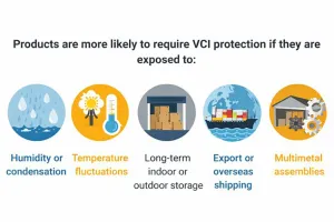 graphic showing when products require VCI protection due to humidity, temperature changes, storage, and shipping