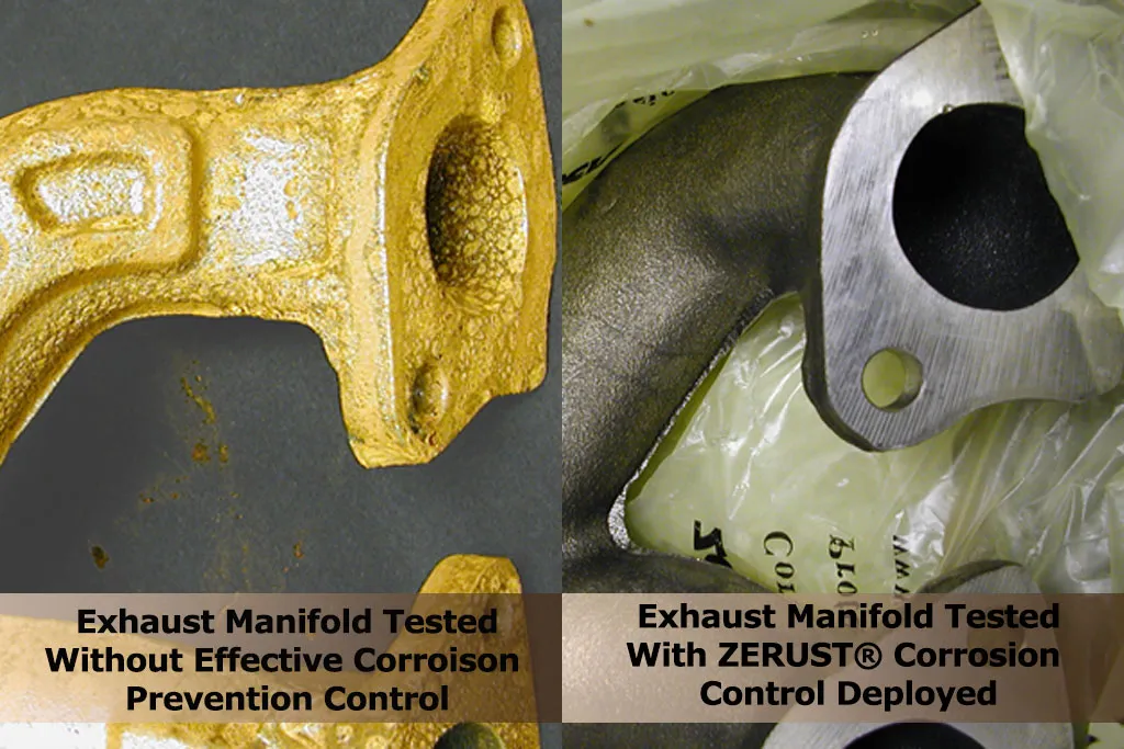 comparison showing rusted metal without VCI protection and clean metal protected with ZERUST VCI
