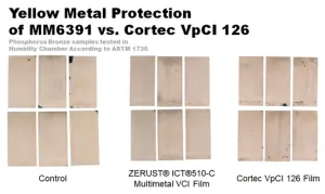 cortec vs zerust vci film yellow metal corrosion test phosphorus bronze comparison