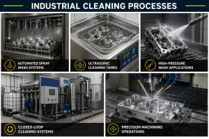 Industrial cleaning processes including spray wash systems ultrasonic tanks high pressure washing and precision machining