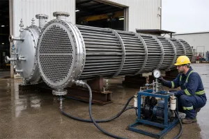 Heat exchanger undergoing hydrostatic pressure testing with technician monitoring test pressure