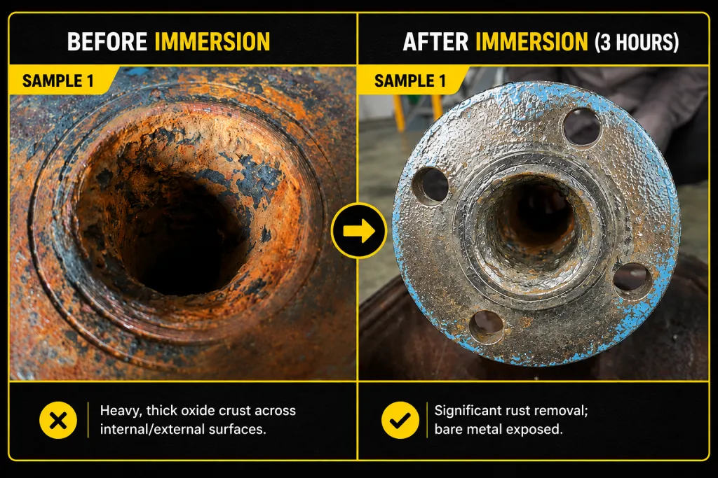 Cooling tower rust remover before and after showing rust removal from steel pipe sample 1