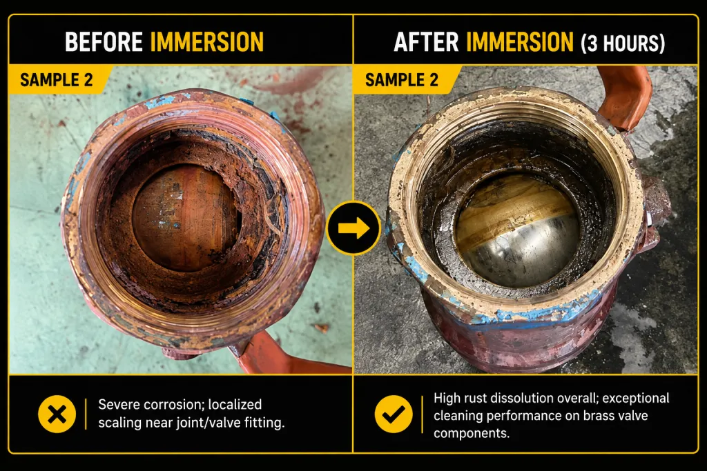 Cooling tower rust remover before and after showing cleaned brass valve and steel pipe sample 2