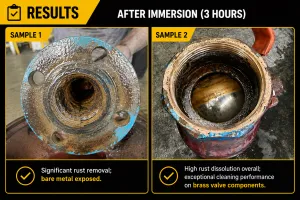 Cooling tower rust remover results showing cleaned cooling water pipe samples after immersion